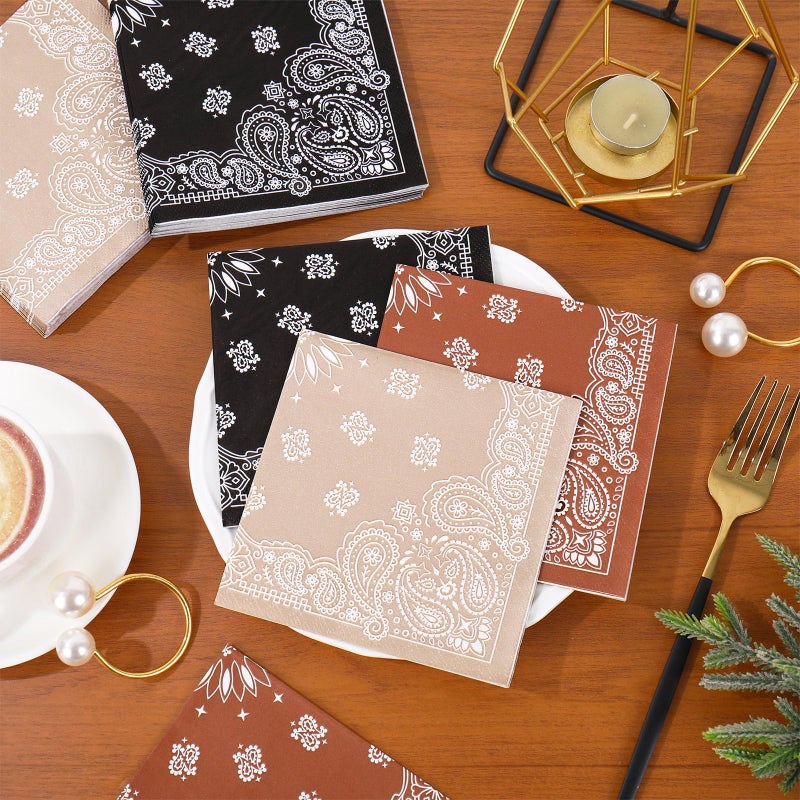 Whaline 120Pcs Western Bandana Cocktail Napkins 3 Colors Wild West Paper Napkin Cowboy Paisley Disposable Beverage Napkin for Wild One Yeehaw Bday - Image 4
