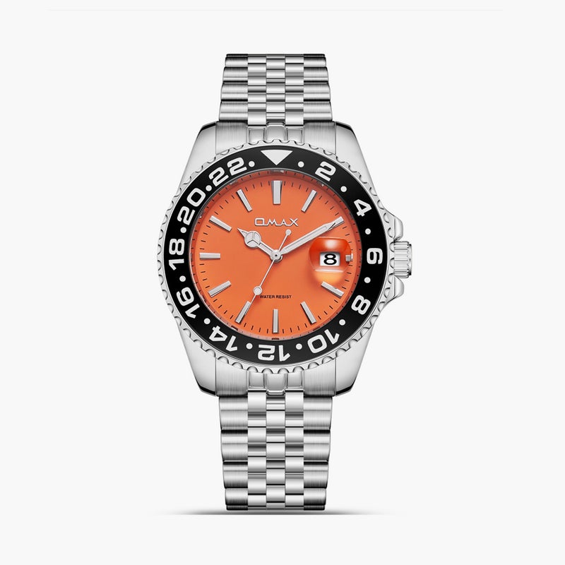 Omax Men's Silver Analog Watch with Orange Dial - Image 1