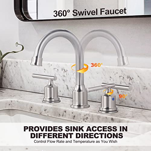 WOWOW Widespread Bathroom Faucet Brushed Nickel Bathroom Sink Faucet 8 inch Vanity Tap 2 Handle 3 Holes Deck Mount Taps with Drain - Image 5