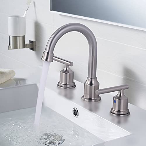 WOWOW Widespread Bathroom Faucet Brushed Nickel Bathroom Sink Faucet 8 inch Vanity Tap 2 Handle 3 Holes Deck Mount Taps with Drain - Image 4