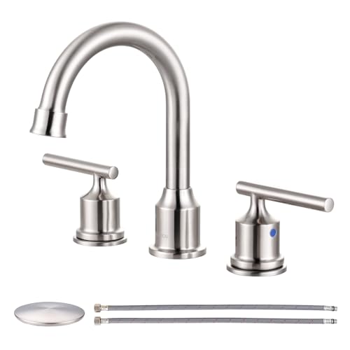 WOWOW Widespread Bathroom Faucet Brushed Nickel Bathroom Sink Faucet 8 inch Vanity Tap 2 Handle 3 Holes Deck Mount Taps with Drain - Image 1