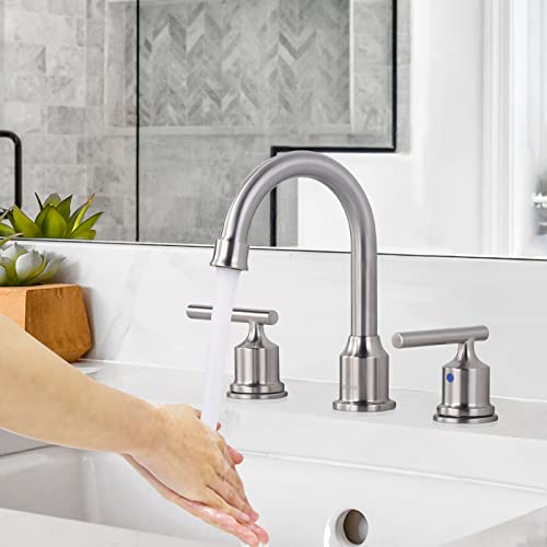 WOWOW Widespread Bathroom Faucet Brushed Nickel Bathroom Sink Faucet 8 inch Vanity Tap 2 Handle 3 Holes Deck Mount Taps with Drain - Image 2