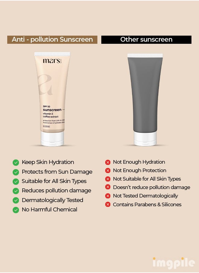 mars by GHC - Anti-Pollution Sunscreen Cream SPF 50 (PA++) - 50gm | Sun Screen Broad Spectrum UVA & UVB Protection | No White Cast, SLS-Free, Paraben-Free, 100% Vegan - Image 1