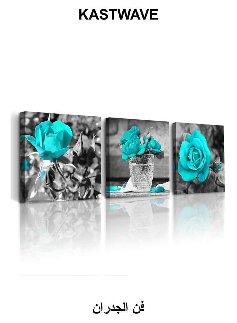 KASTWAVE Blue Rose Canvas Wall Art For Bedroom, Canvas Wall Pictures Artwork Minimalist Home Decor, Flowers Wall Decorations For Living Room Boho Wall Decor (3 Pcs, 30x30 cm) - Image 1
