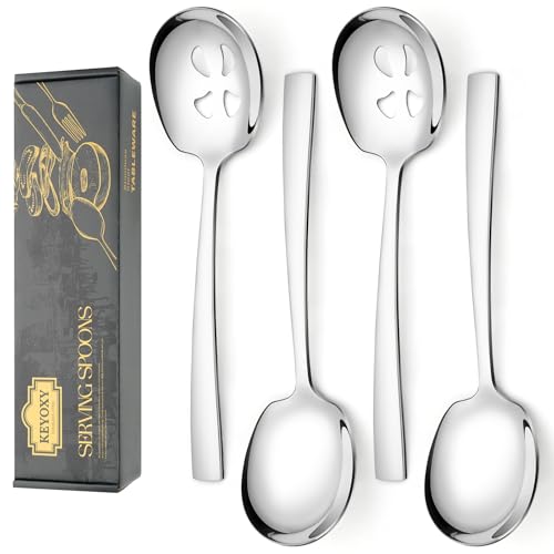 Keyoxy 4 Piece Stainless Steel Serving Spoons Set - 2 Large, 2 Slotted, 9.2-Inch, Dishwasher Safe, for Parties/Kitchen/Buffet/Catering - Image 1