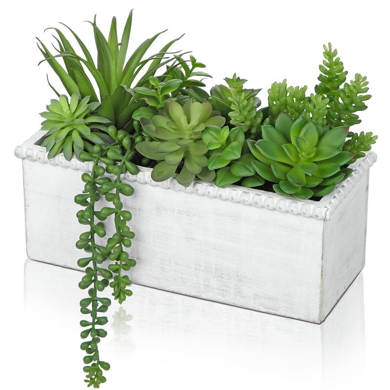 Arborus Fake Plants Succulents in Wooden Pot Faux Plants Indoor Artificial Succulent Arrangement for Home Office Farmhouse Desk Decoration - Image 1