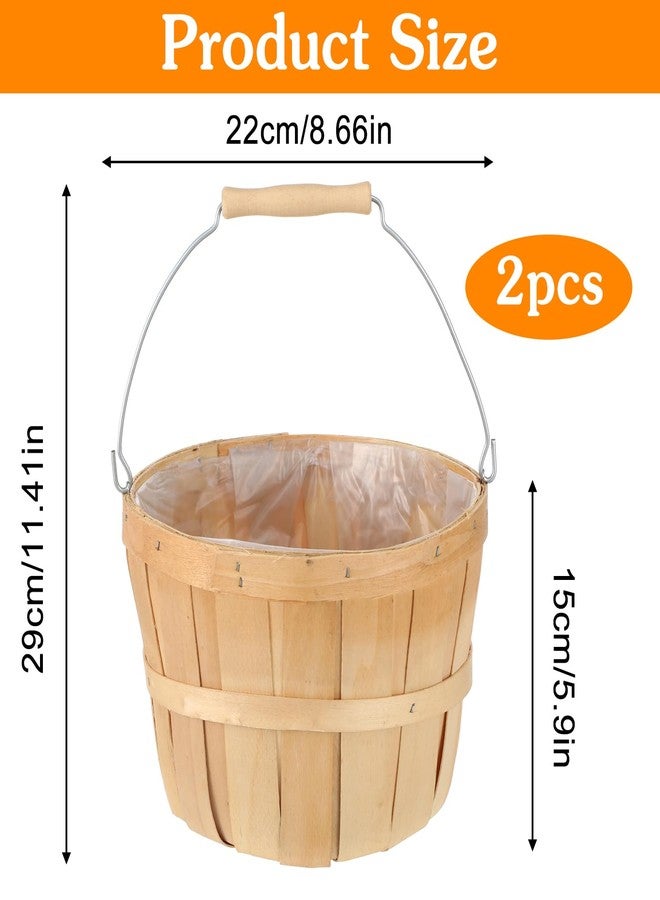 COMNICO 2 Pack Round Wooden Baskets, Handwoven Empty Wood Fruit Buckets with Metal Handle Natural Color Easter Basket for Garden Home Party Market Supplies - Image 2