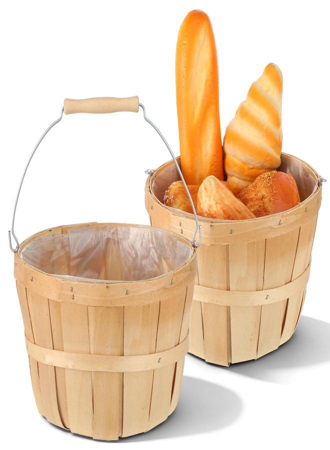 COMNICO 2 Pack Round Wooden Baskets, Handwoven Empty Wood Fruit Buckets with Metal Handle Natural Color Easter Basket for Garden Home Party Market Supplies - Image 1