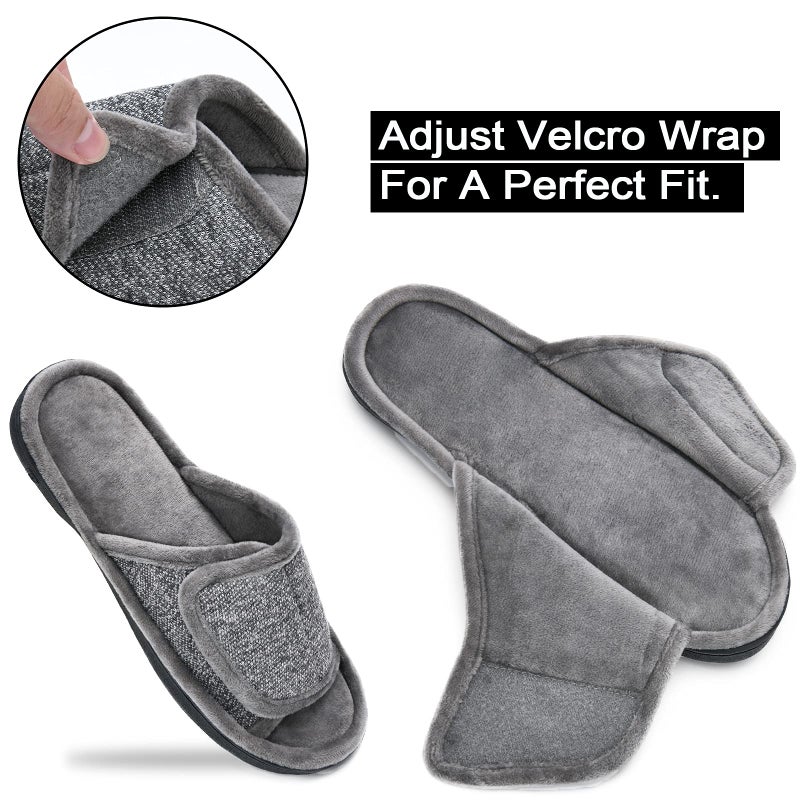 DL Adjustable Men's Memory Foam Open Toe House Slippers, Breathable Slide Bedroom Slippers for Men, Anti-Slip Rubber Sole (Grey, 9-10) - Image 3