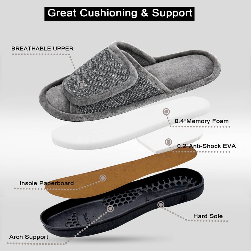 DL Adjustable Men's Memory Foam Open Toe House Slippers, Breathable Slide Bedroom Slippers for Men, Anti-Slip Rubber Sole (Grey, 9-10) - Image 4