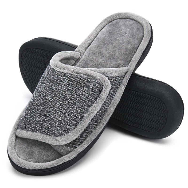 DL Adjustable Men's Memory Foam Open Toe House Slippers, Breathable Slide Bedroom Slippers for Men, Anti-Slip Rubber Sole (Grey, 9-10) - Image 1