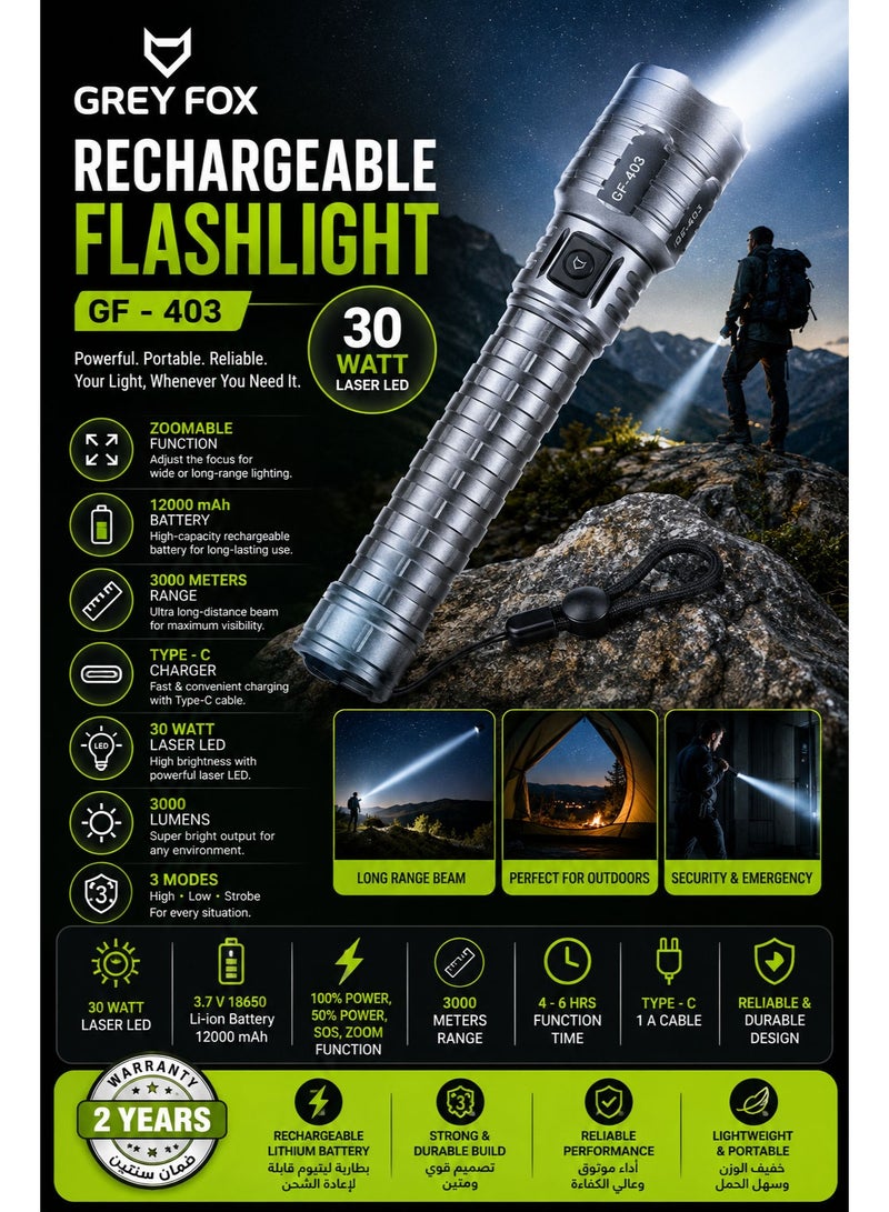 GREYFOX GREY FOX Rechargeable Flashlight 30W Laser LED Torch with Zoom Function, 3000 Lumens & Type-C Charging - Image 1