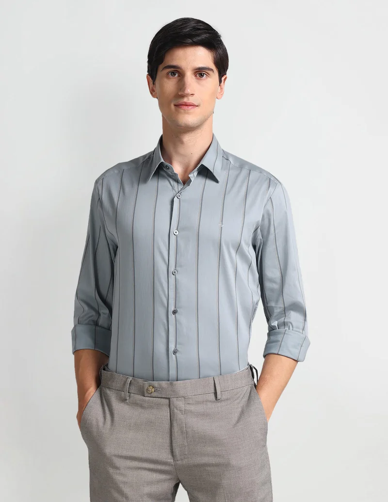 Arrow Light Blue Vertical Stripe Slim Fit Shirt for Men | Best Price UAE