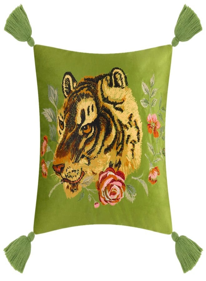 JWH Tiger Velvet Throw Pillow Cover Decorative Flower Emboidered Accent Pillow Case Print Cushion Yellow Floral Pillowcase for Bed Living Room Couch Bedroom 18x18 Inch Green Tassel - Image 1