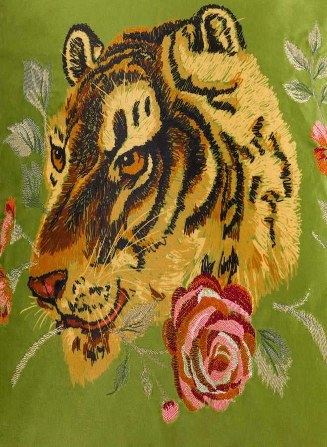 JWH Tiger Velvet Throw Pillow Cover Decorative Flower Emboidered Accent Pillow Case Print Cushion Yellow Floral Pillowcase for Bed Living Room Couch Bedroom 18x18 Inch Green Tassel - Image 3