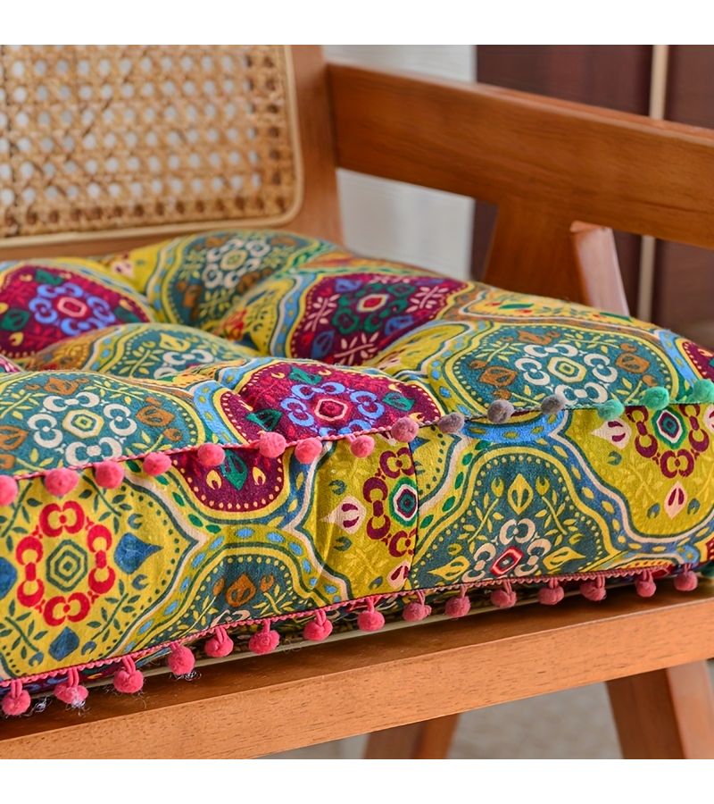 وسادة أرضية مربعة على الطراز المغربي التركي مقاس 15.75 × 15.75 × 3.15 بوصة، وسادة أريكة من الكتان السميك، ديكور منزلي بوهيمي، وسادة كرسي tatami، أصفر رومانسي - Image 4
