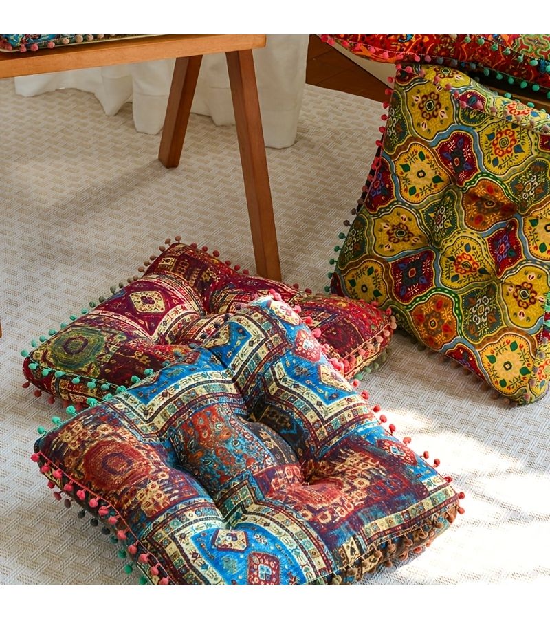 وسادة أرضية مربعة على الطراز المغربي التركي مقاس 15.75 × 15.75 × 3.15 بوصة، وسادة أريكة من الكتان السميك، ديكور منزلي بوهيمي، وسادة كرسي tatami، أصفر رومانسي - Image 5