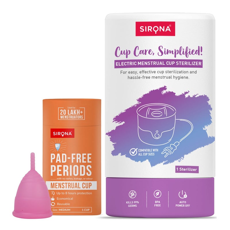 Sirona Reusable Menstrual Cup for Women (Medium) with Electric Steam Sterilizer - Pack of 2 | 100% Medical-Grade Silicone | Kills 99% Germs | Rash, Odour & Itch-Free Period Care with Quick Cleaning - Image 2