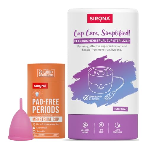Sirona Reusable Menstrual Cup for Women (Medium) with Electric Steam Sterilizer - Pack of 2 | 100% Medical-Grade Silicone | Kills 99% Germs | Rash, Odour & Itch-Free Period Care with Quick Cleaning - Image 1