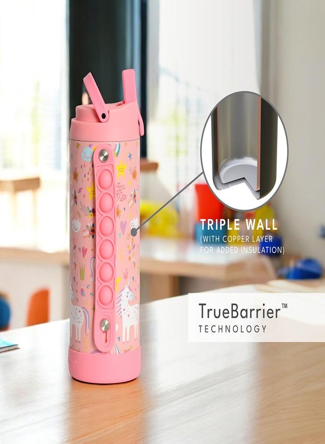 Elemental Iconic Kids Water Bottle for School - 100% Leak-Proof Insulated Water Bottles with Straw Lid & Pop-It Handle for Boys & Girls - Triple-Wall Insulated & BPA-Free, 14oz - Pink Unicorn - Image 4