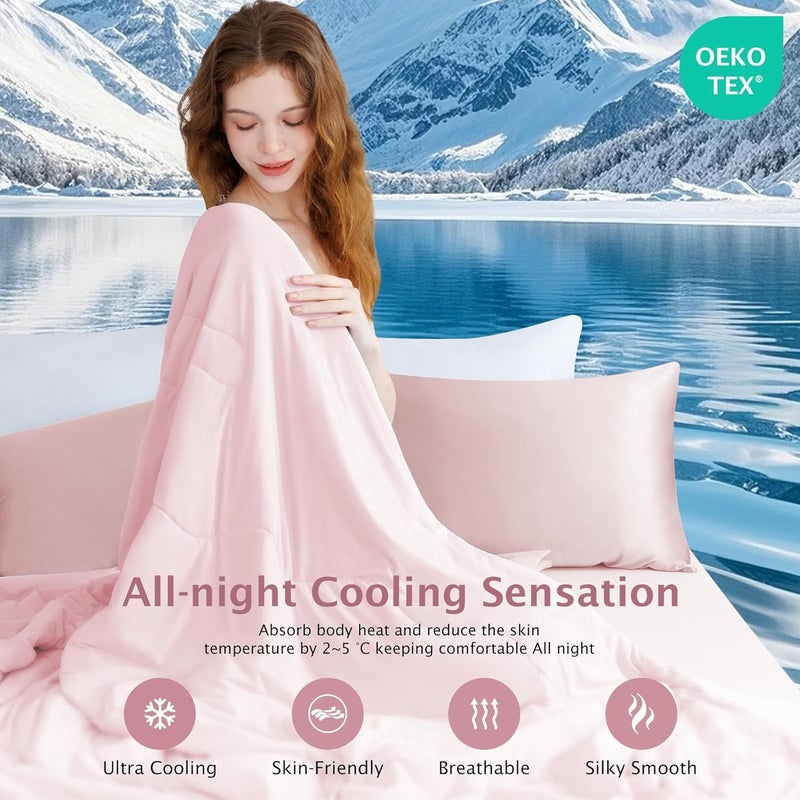BEAUTEX بطانية مريحة مبردة لمن يعانون من الحرارة أثناء النوم والتعرق الليلي - Q-Max>0.4 تقنية الجليد ذات الوجهين مع قماش بملمس بارد، ملابس نوم تنفسية لجميع المواسم تمتص حرارة الجسم، للاستخدام في الصيف بحجم توين باللون الوردي - Image 2