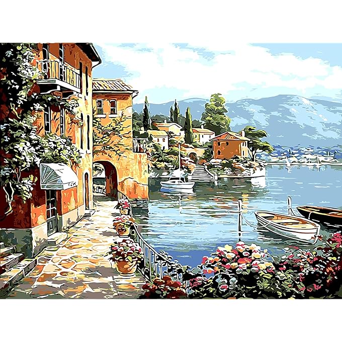 DIY Oil Painting Paint by Numbers Kit for Adults Beginner Colorful Animals Painting on Canvas 16x20inch Without Frame- Harbor Scenery