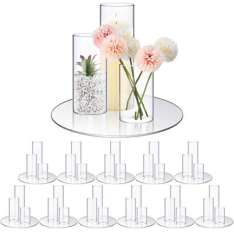 Sawysine Sawysine 12 Sets 26 X 47 59 79 Round Glass Mirror Trays Glass Cylinder Vases Wedding Table Flower Vase with Mirror Set Table Centerpiece Decoration for Wedding Craft Baby Shower Party 