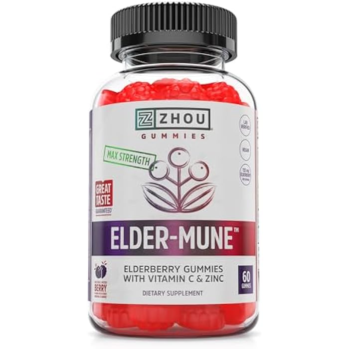 Zhou Elder-Mune Elderberry Gummies with Vitamin C and Zinc - Daily Immune Support Supplement for Women & Men, Chewable Natural Black Elderberry for Adults & Children 4 & Up - 60 Gummies - Image 1