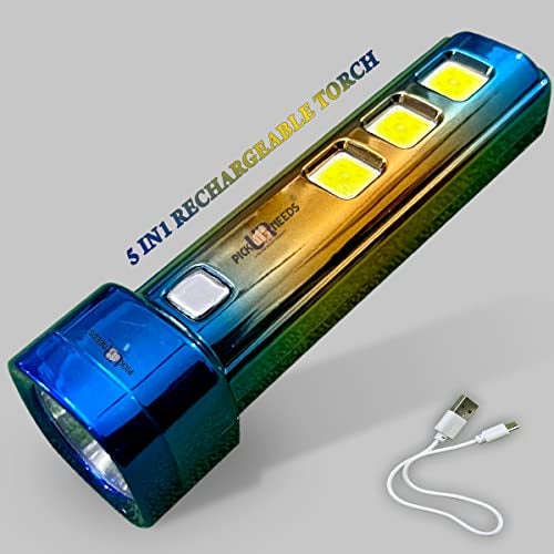 Pick Ur Needs 5 in 1 Bright LED 25W Torch Light Home Emergency Lamp Flashlight Built-in Battery USB Rechargeable - Image 1
