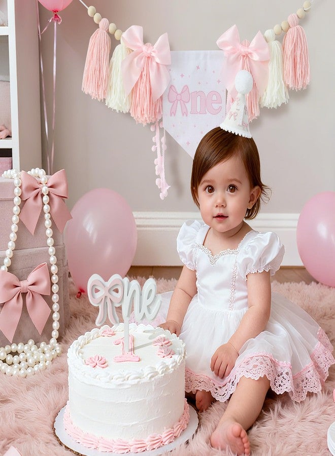 HODIHIWI Pink Bow 1st Birthday Highchair Banner Decorations Wood Bead Tassel Garland Cone Hat Wooden Cake Topper For Baby Girls - Image 3