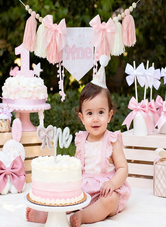 HODIHIWI Pink Bow 1st Birthday Highchair Banner Decorations Wood Bead Tassel Garland Cone Hat Wooden Cake Topper For Baby Girls - Image 5