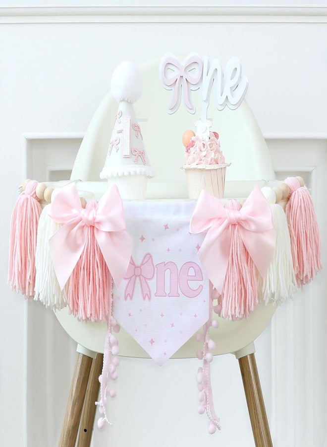 HODIHIWI Pink Bow 1st Birthday Highchair Banner Decorations Wood Bead Tassel Garland Cone Hat Wooden Cake Topper For Baby Girls - Image 2