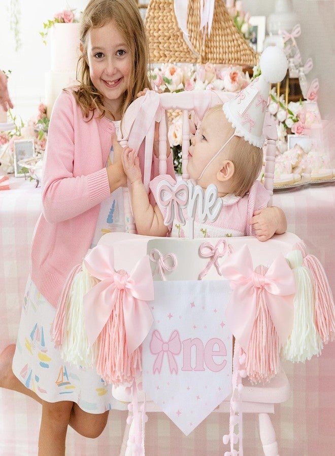HODIHIWI Pink Bow 1st Birthday Highchair Banner Decorations Wood Bead Tassel Garland Cone Hat Wooden Cake Topper For Baby Girls - Image 4