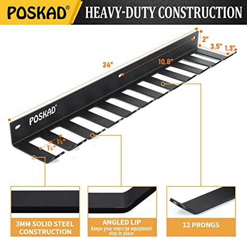 Poskad Gym Storage Rack,12 Hook Heavy-Duty Steel Gym Organizer Wall Mount Hanger for Home and Pro, Gym Accessory Storage Resistance Bands,Jump Ropes,Lifting Belt,Barbells. (24'' -12 hooks) - Image 3