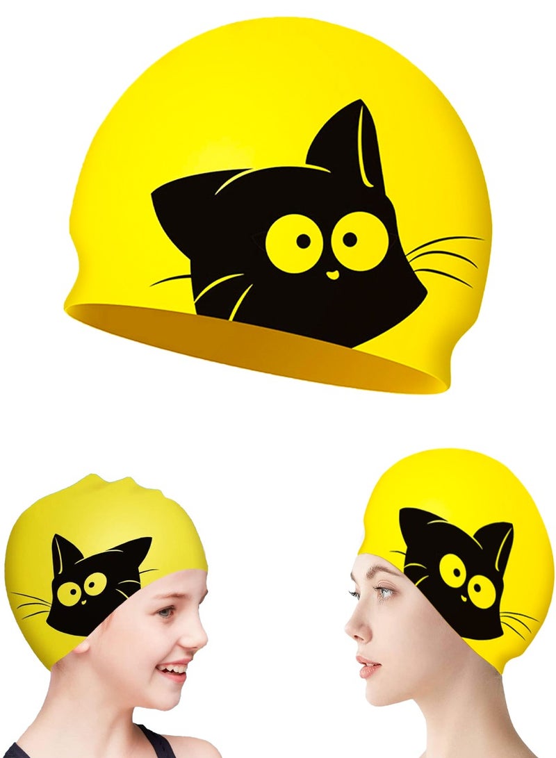 SUPER WINNER Kids Swimming Cap With Cute Cat Shape On it, Made Of High Quality Silicone, Odorless and Skin Friendly, Best For Comfortable and Safe Swimming and Bathing, It Protects Your Hair, Ears and Skin - Image 1