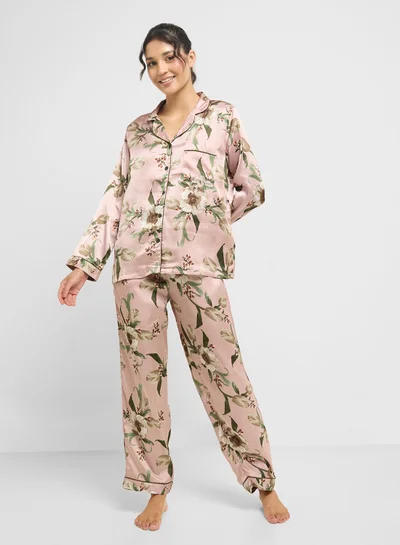 Ginger Satin Floral Print Shirt & Pyjama Set