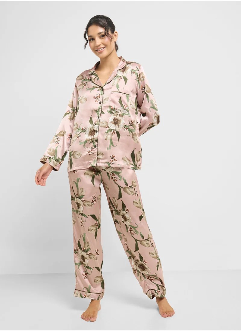 Ginger Satin Floral Print Shirt & Pyjama Set