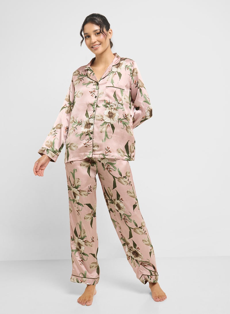 Ginger Satin Floral Print Shirt & Pyjama Set  - Image 1