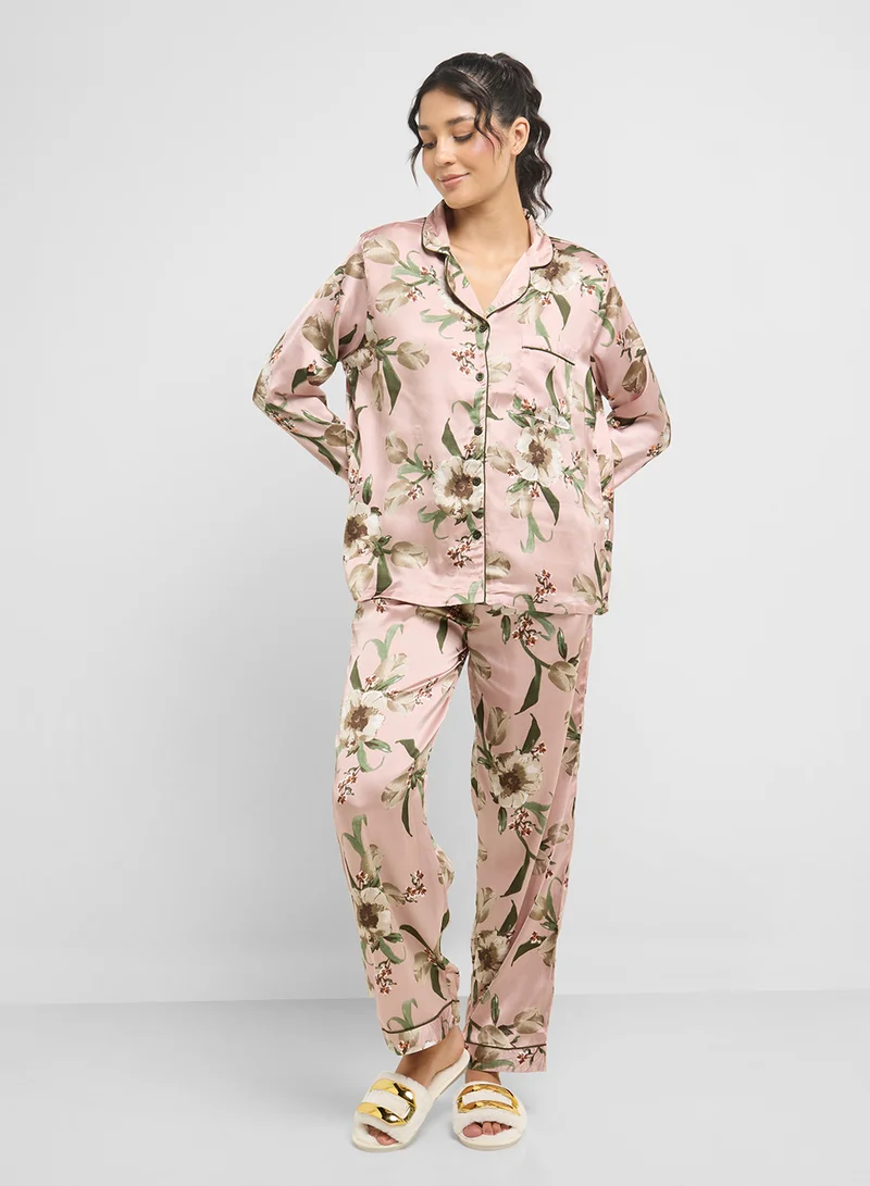 Ginger Satin Floral Print Shirt & Pyjama Set