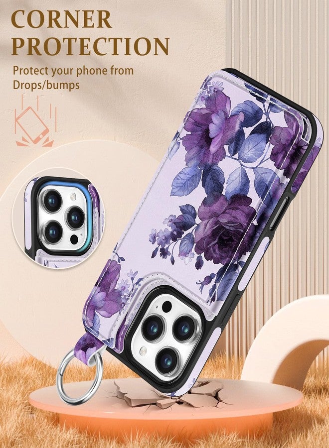 Shorogyt Compatible with iPhone 16 Pro Max Wallet Case with Card Holder - Cute Purple Flower Design Kickstand for Magnetic Clasp Back Flip Folio Leather Phone Covers for Women Men Girls - Image 4