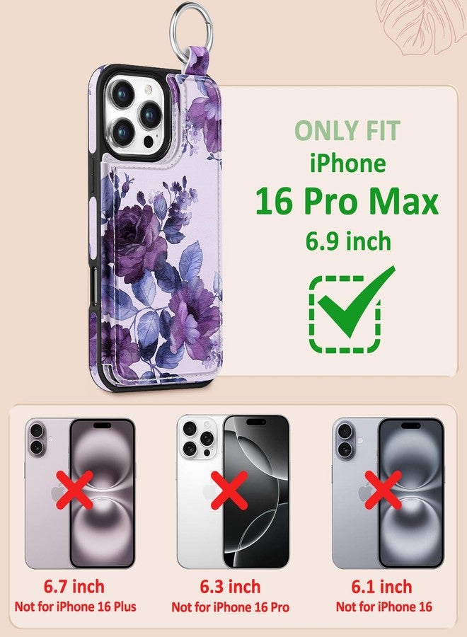 Shorogyt Compatible with iPhone 16 Pro Max Wallet Case with Card Holder - Cute Purple Flower Design Kickstand for Magnetic Clasp Back Flip Folio Leather Phone Covers for Women Men Girls - Image 2