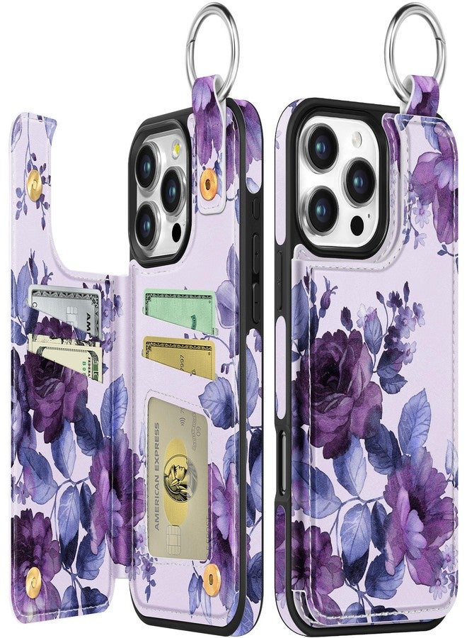 Shorogyt Compatible with iPhone 16 Pro Max Wallet Case with Card Holder - Cute Purple Flower Design Kickstand for Magnetic Clasp Back Flip Folio Leather Phone Covers for Women Men Girls - Image 1