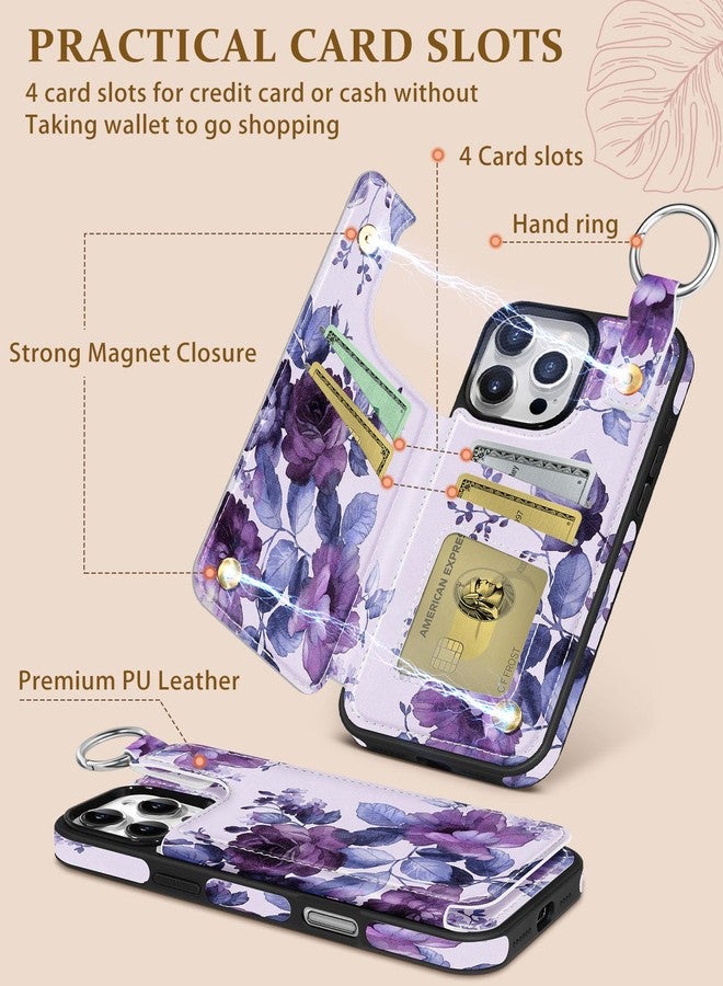 Shorogyt Compatible with iPhone 16 Pro Max Wallet Case with Card Holder - Cute Purple Flower Design Kickstand for Magnetic Clasp Back Flip Folio Leather Phone Covers for Women Men Girls - Image 3