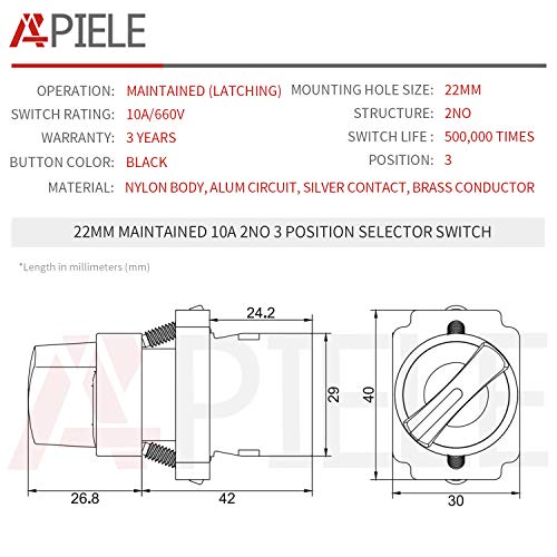 APIELE (Pack of 2) 22mm 3 Position Selector Switch Maintained 2NO XB2-20X/31 (3 Position Maintained) - Image 2