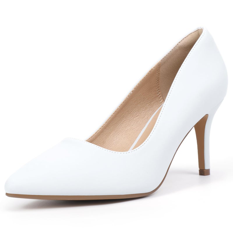 IDIFU White High Heels Pumps Closed Toe Heels Women's Pumps Stiletto Pointed Toe Dress Shoes Wedding Prom Bridal Work Office Bride Trendy Dressy Comfortable Classic Pumps Shoes(White Pu,8.5) - Image 1