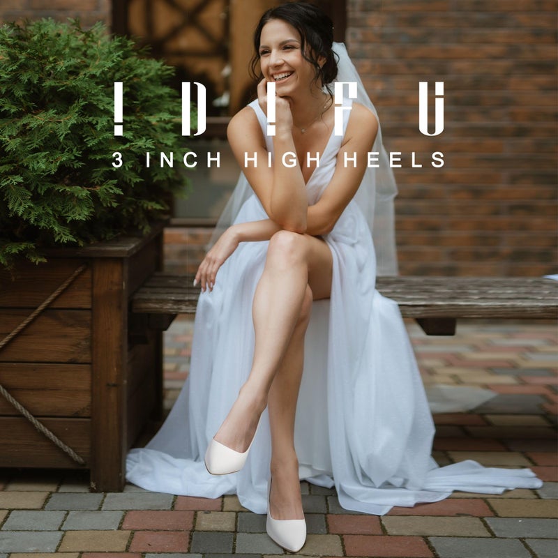 IDIFU White High Heels Pumps Closed Toe Heels Women's Pumps Stiletto Pointed Toe Dress Shoes Wedding Prom Bridal Work Office Bride Trendy Dressy Comfortable Classic Pumps Shoes(White Pu,8.5) - Image 2