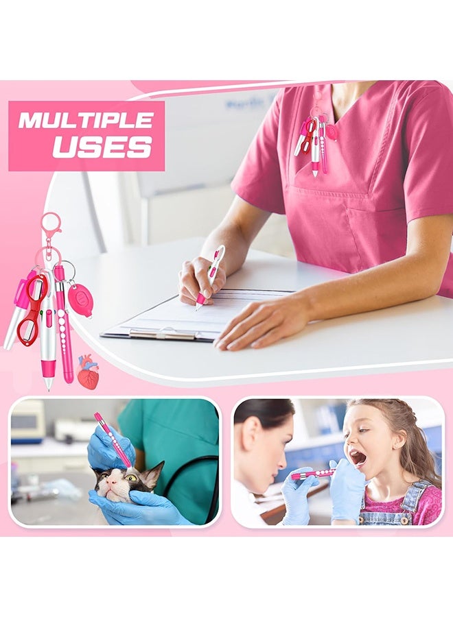 Wffo 6 Pcs Nurse Pen Set Include Permanent Marker Pen Retractable Ballpoint Pen Keychain Clip Foldable Scissors Lights LED Flashlight Keychain for Nurse Accessories(Pink) - Image 4