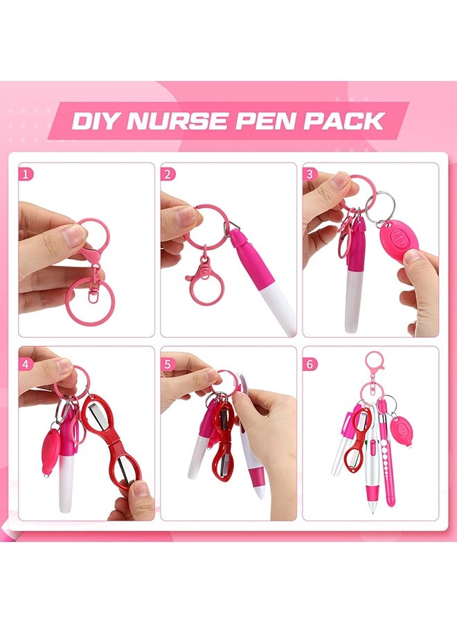 Wffo 6 Pcs Nurse Pen Set Include Permanent Marker Pen Retractable Ballpoint Pen Keychain Clip Foldable Scissors Lights LED Flashlight Keychain for Nurse Accessories(Pink) - Image 5