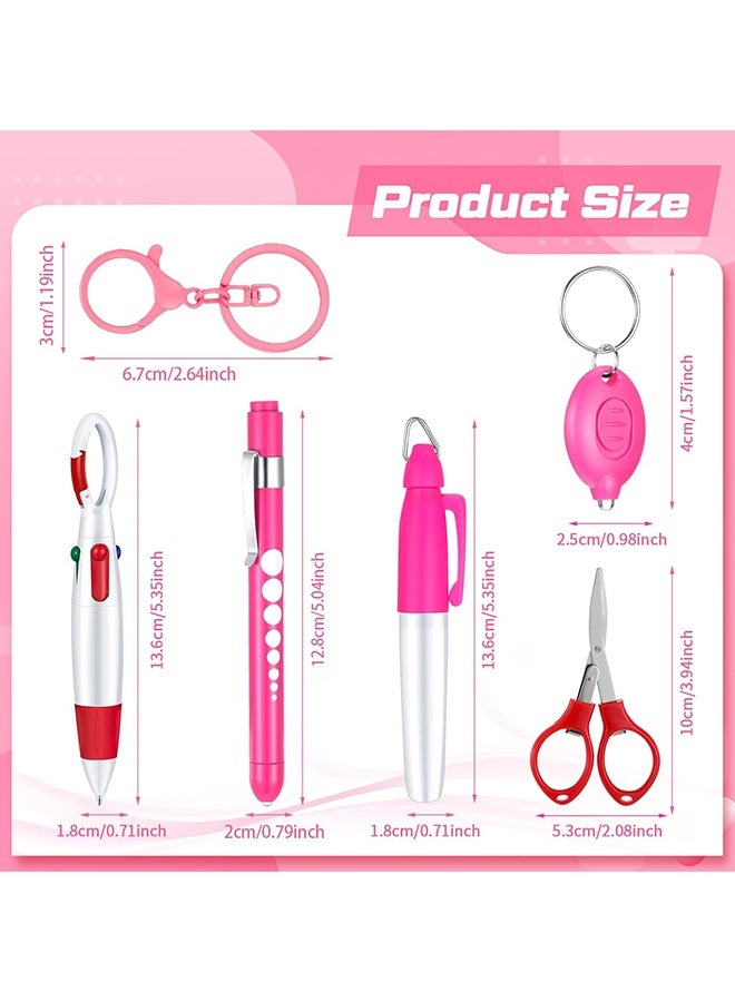 Wffo 6 Pcs Nurse Pen Set Include Permanent Marker Pen Retractable Ballpoint Pen Keychain Clip Foldable Scissors Lights LED Flashlight Keychain for Nurse Accessories(Pink) - Image 2
