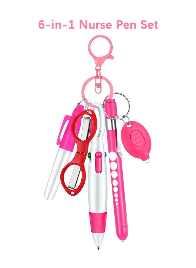 Wffo 6 Pcs Nurse Pen Set Include Permanent Marker Pen Retractable Ballpoint Pen Keychain Clip Foldable Scissors Lights LED Flashlight Keychain for Nurse Accessories(Pink) - Image 1